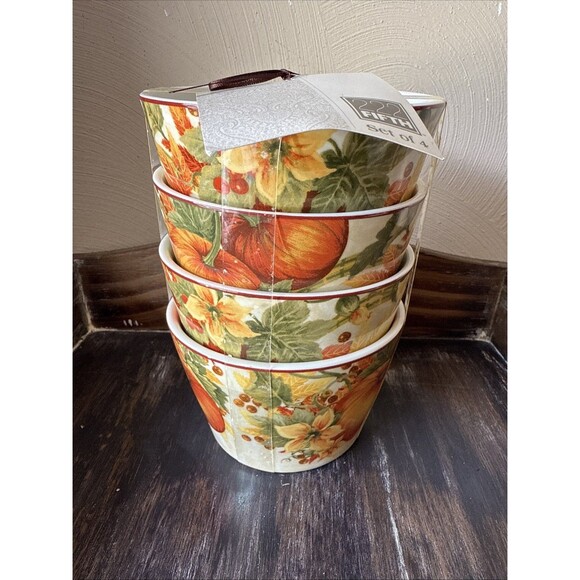 222 FIFTH PUMPKIN VINE APPETIZER DESSERT BOWLS SET OF 4 THANKSGIVING FALL LEAF - Picture 1 of 4